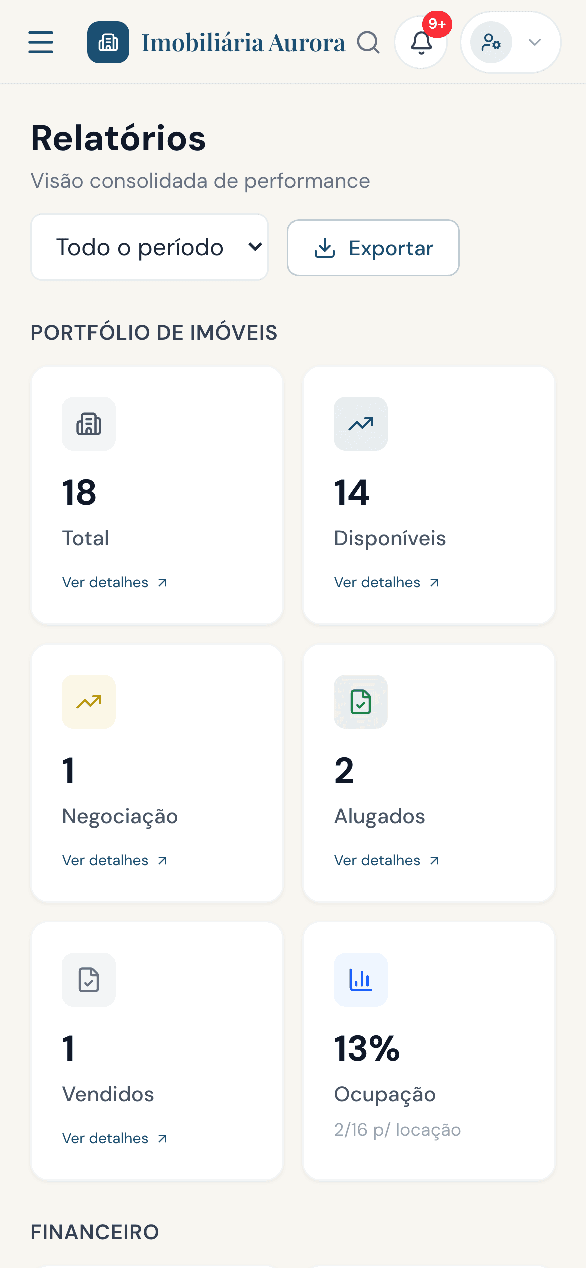 O mesmo painel de relatórios aberto no celular, com os indicadores empilhados.